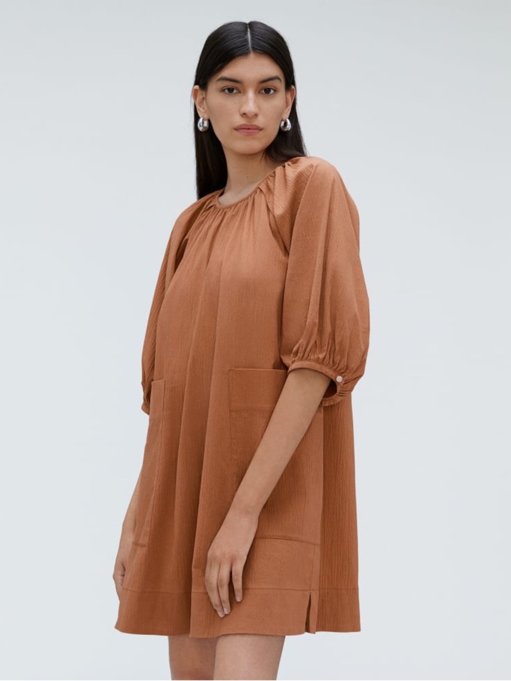 Everlane Organic Cotton Puff-Sleeve Mini Dress in Tan